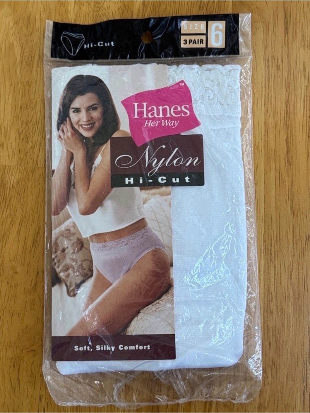 Vintage Size 6 Hanes Her Way Panty Silky Satin White Nylon Hi Cut Wide Lace
